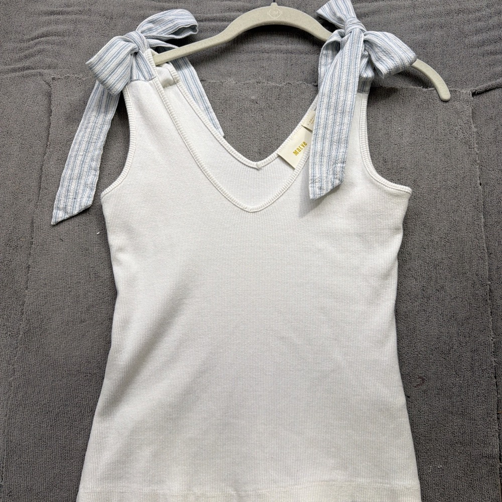 Anthropologie Maeve Rafaela Tie Shoulder Tank Top XS Rib Knit Ivory
